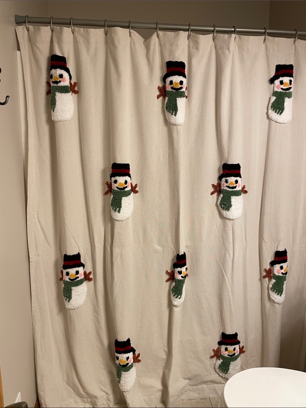 Tahari Cream Shower Curtain with Snowman Appliqués in Green and Black